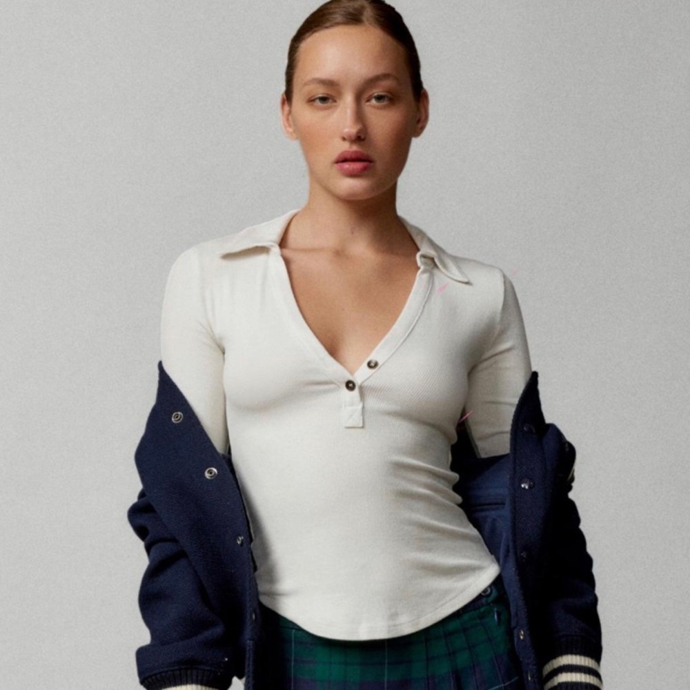 Bdg Taylor Polo Shirt Ribbed Long Sleeve Ivory Size Medium Cropped Fitted